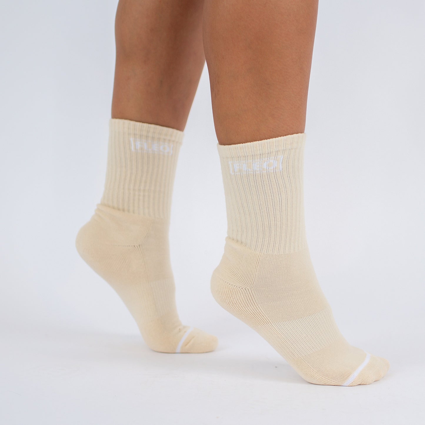 FLEO - Crew Socks - Side Logo - Accessory - tan-whitecrew-1