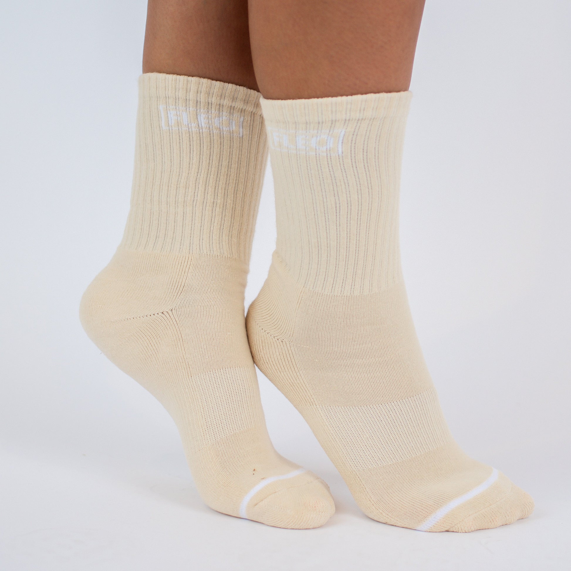 FLEO - Crew Socks - Side Logo - Accessory - tan-whitecrew-2_bfd9062a-ce53-437a-b9e4-90319b74c458
