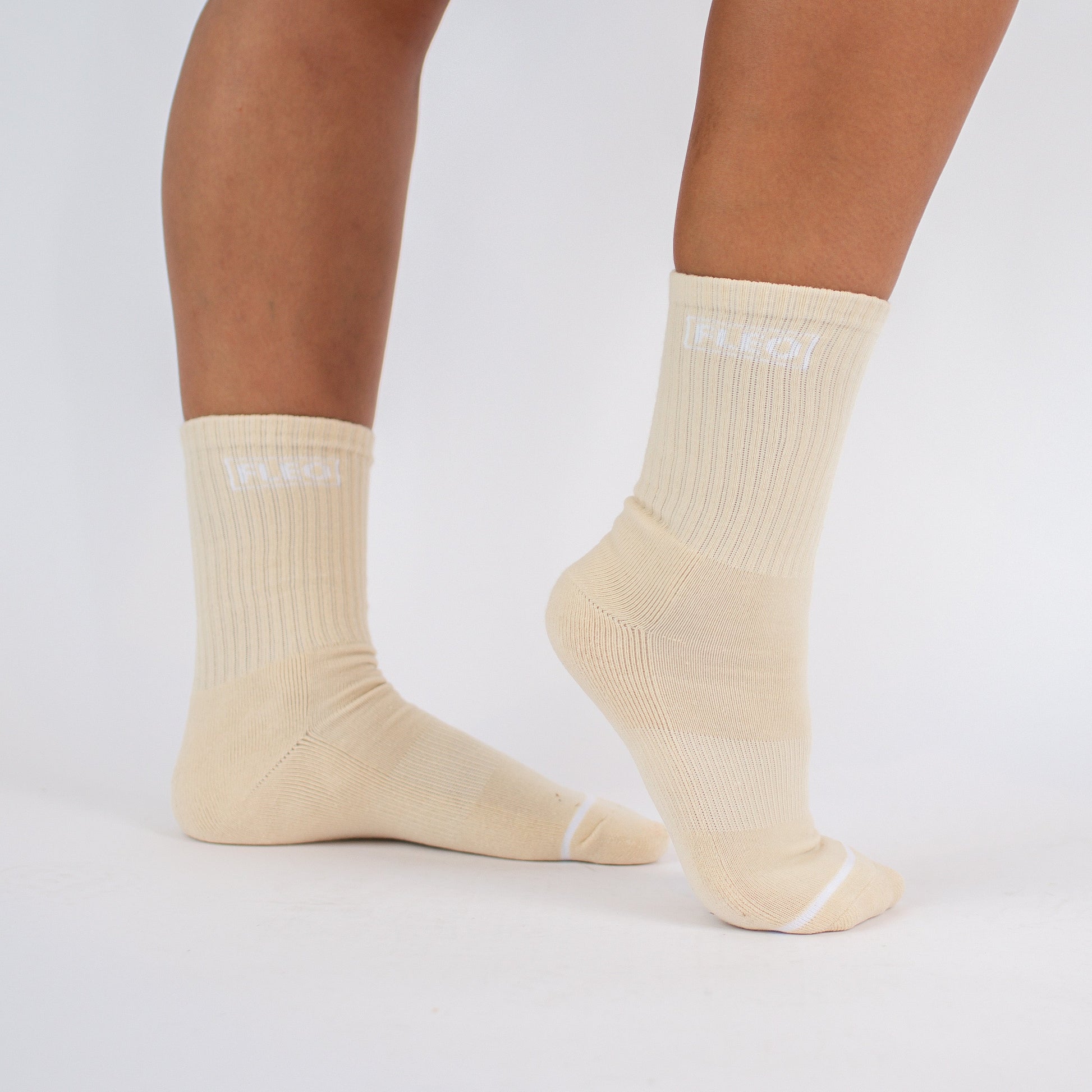 FLEO - Crew Socks - Side Logo - Accessory - tan-whitecrew-3_6c2d1423-8c54-445c-9eb5-4200487749a1