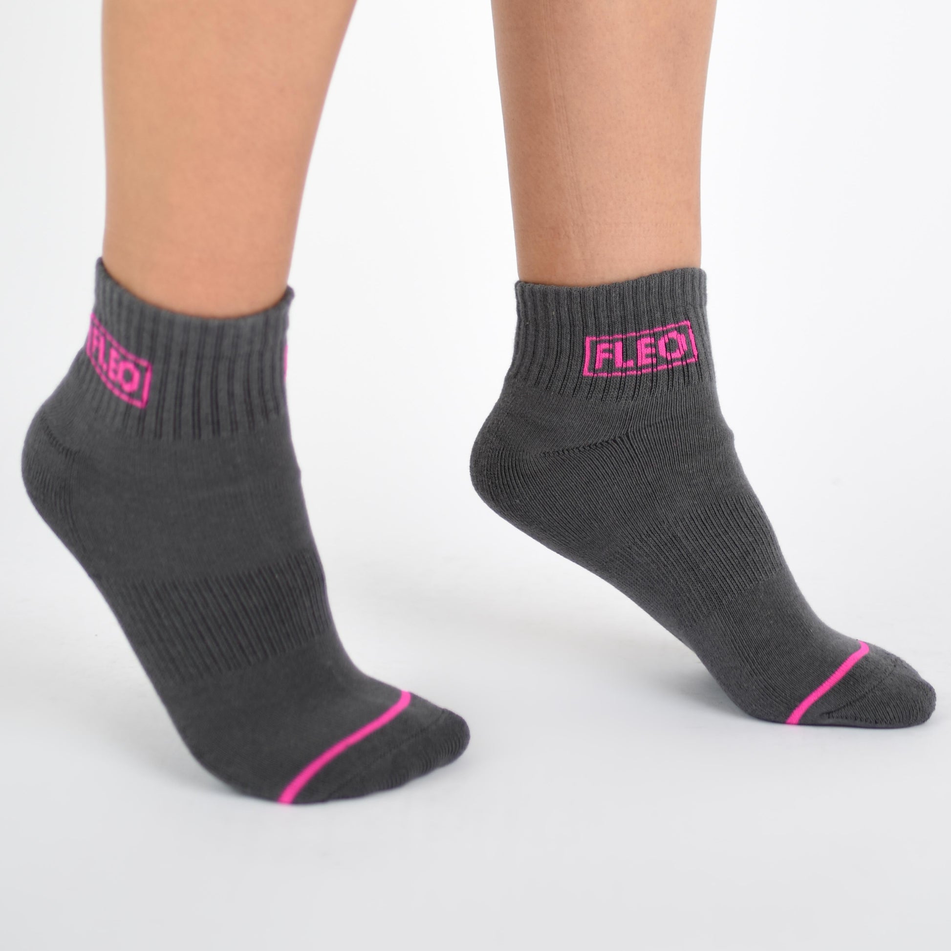 FLEO - Quarter Crew Socks - Charcoal + Pink - Accessory - gray-1-2